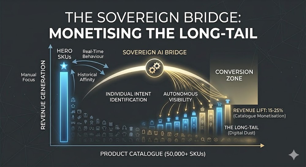 Enterprise-calibre power law graph illustrating the 'Hero SKU' revenue spike versus the massive unmonetised 'Long-Tail' stock, showing AI individualisation as the growth lever.