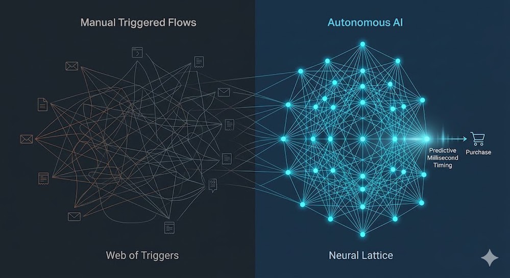 A technical comparison of legacy automated flows versus autonomous individualisation in a high-SKU ecommerce environment.
