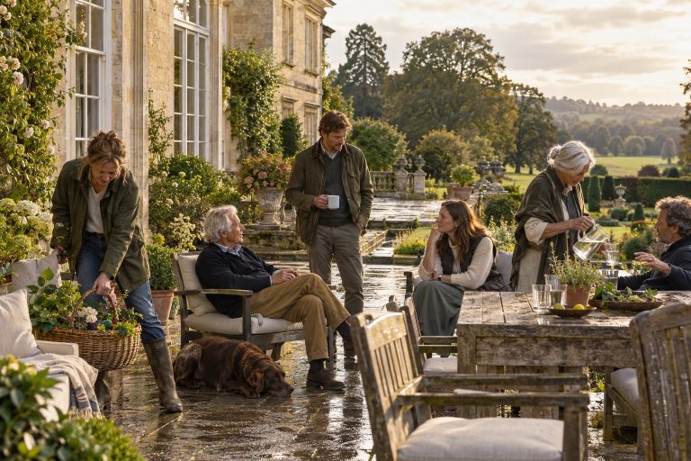 Family and friends sharing an ordinary afternoon at an English country mansion