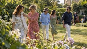 Five stylish friends walk through a sunlit private garden during an intimate summer music afternoon