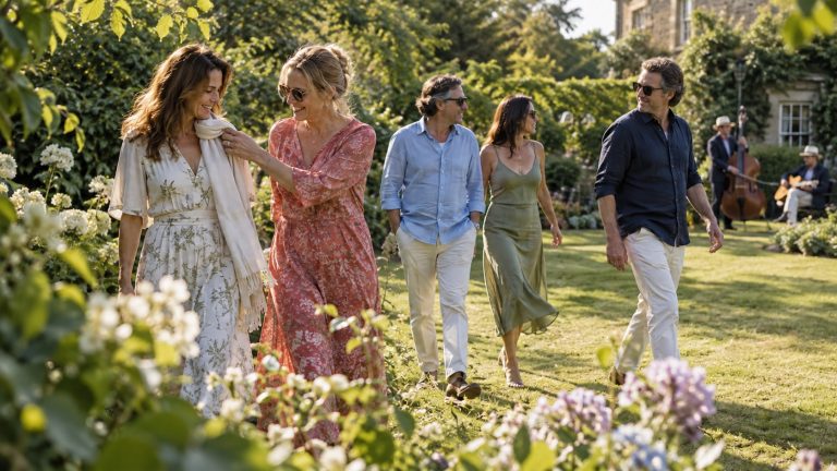 Five stylish friends walk through a sunlit private garden during an intimate summer music afternoon